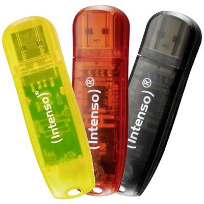 Tre USB-stik fra Intenso i gul, rød og sort ligger ved siden af hinanden. De indvendige dele er synlige, hvilket viser et moderne design.