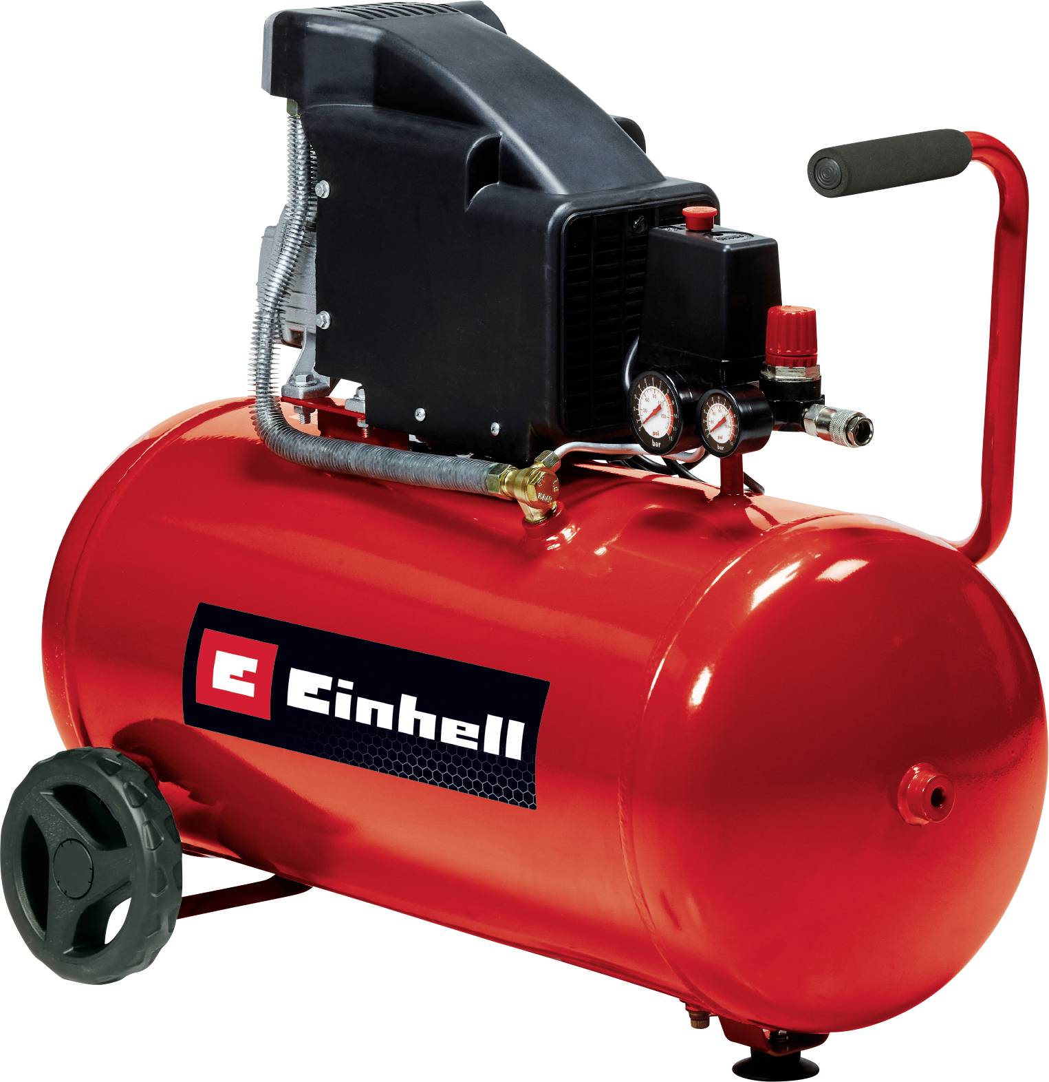 Rød Einhell bærbar luftkompressor med tank, hjul, håndtag, manometre og motor på toppen, vist på hvid baggrund.