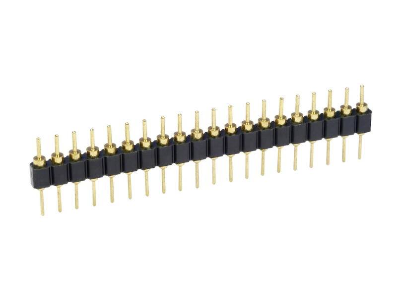 En enkeltræet, sort stiftliste-stik med guldforgyldte ben, ofte brugt til elektroniske forbindelser på printplader.