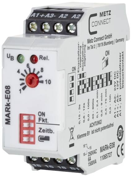 Relæmodul fra Metz Connect. Påskrift viser tekniske detaljer: Spænding 12-24V DC/AC, tidsforsinkelse, status-LED'er.