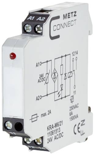 'Relæ med skrueklemmer, mærket med "METZ CONNECT", viser et koblingsskema, spænding 24V AC/DC, maksimal belastning 250VAC, 6A, 1500VA.'