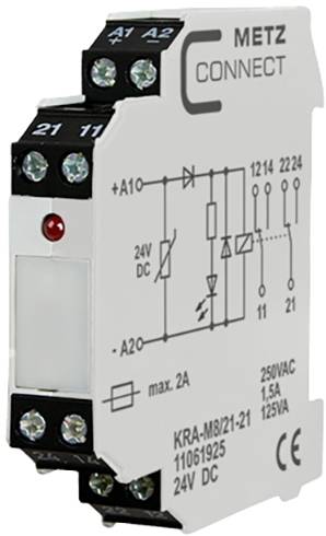 Elektrisk relæ fra METZ CONNECT, model KRA-M8/21-21, 24V DC, med koblingsskema og tekniske specifikationer på overfladen.