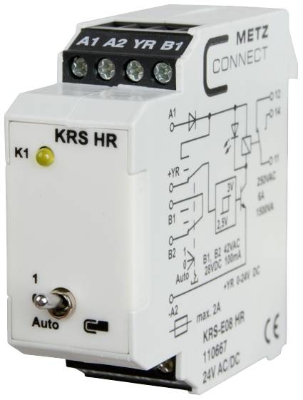 'Relæ KRS HR fra METZ CONNECT, viser ledningsdiagram og tekniske specifikationer. Maks. 2A, 250VAC, 24V AC/DC.'