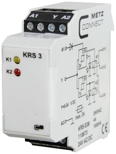 Et hvidt elektrisk relæ fra Metz Connect. Påtrykt viser tilslutninger og teknisk tegning med specifikationer som '24V AC DC'.
