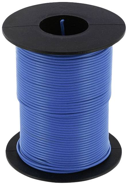 Blåt kabel på en sort spole. Primært anvendt til elektriske installationer og ledningsføring.