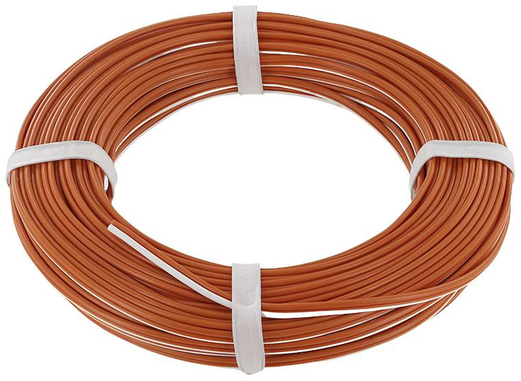 En rulle med orange kabel, jævnt oprullet og sikret med hvide bånd.