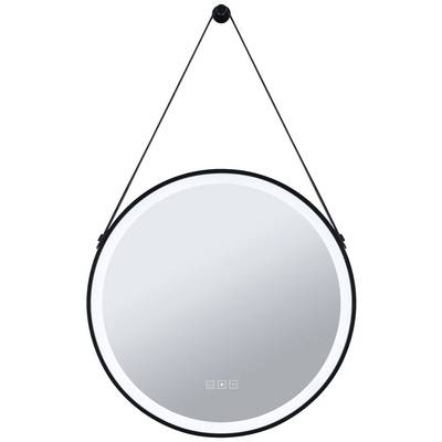 Rund vægspejl med sort ramme, ophængt i en læderrem. Spejlet har integreret LED-belysning.