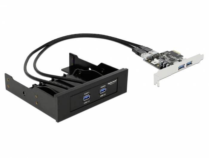 'PCIe USB 3.0 kort med to USB-porte og tre interne forbindelser, egnet til montering i en computerkasse.'