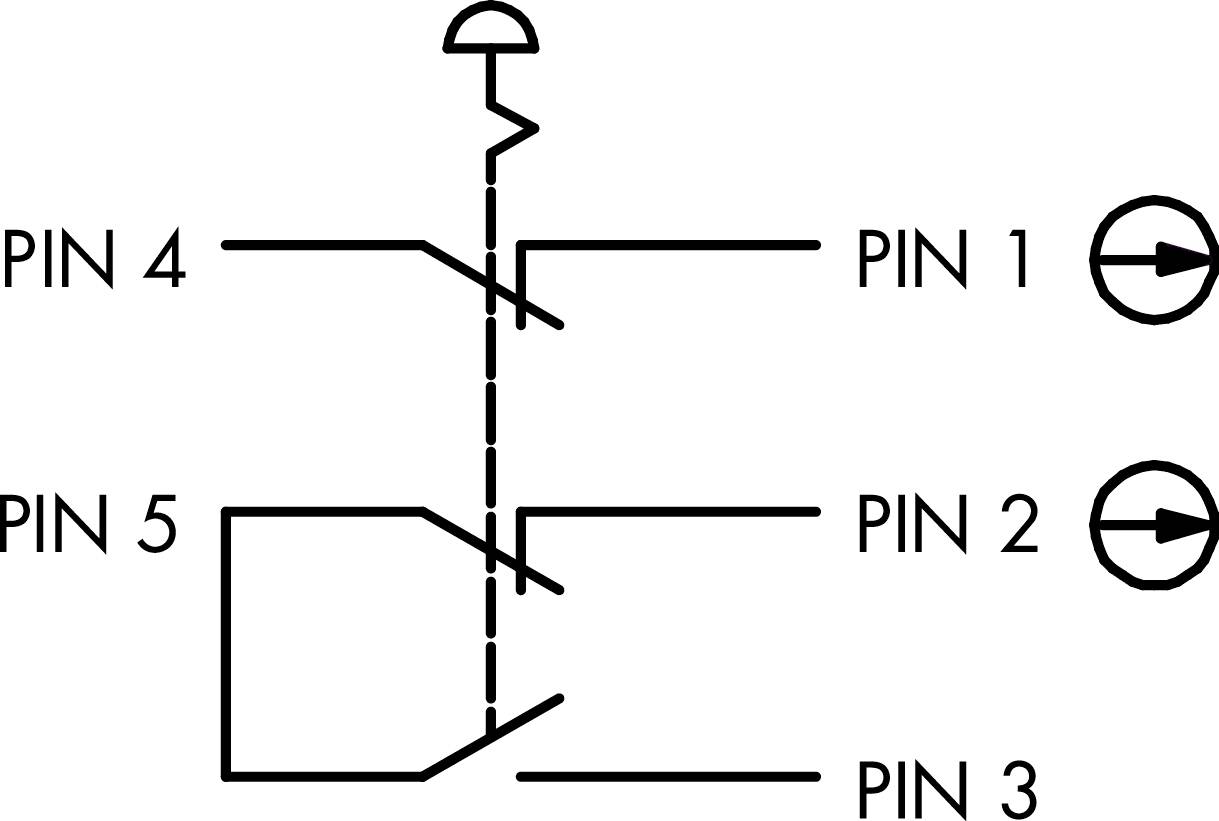 Kredsløbsdiagram for en transistor med fem ben. Ben 4 og 5 styrer to LED'er, som er forbundet med ben 1 og ben 2. Ben 3 er ubrugt.