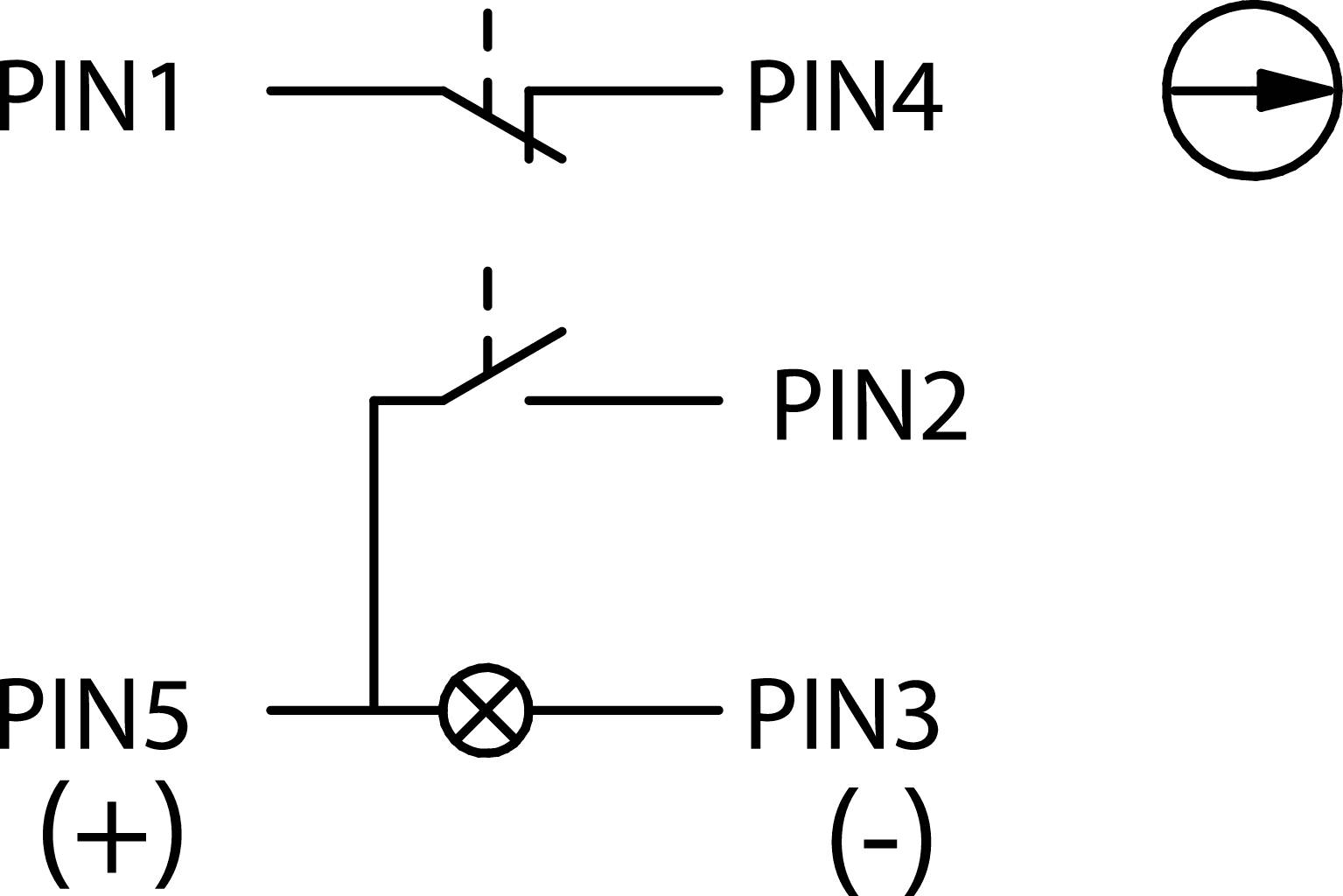 Koblingsskema med PIN1 og PIN4 ved kontakt, PIN2 ved transistor, PIN3 (-) og PIN5 (+) ved lampe, højre side diode.