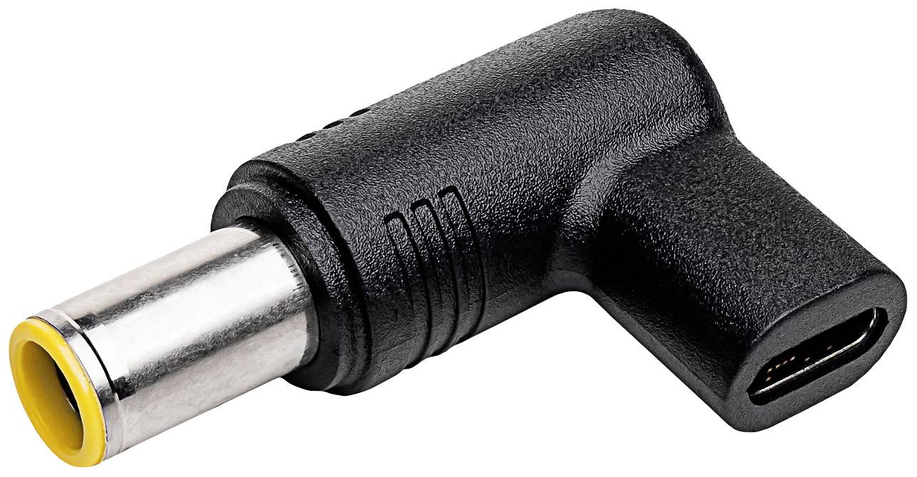 En adapter: Gul rund stik, sort kasse, L-form. Forbinder runde strømforsyninger med USB-enheder.
