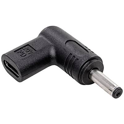 En sort adapter med en USB-C-port på den ene side og en cylinderformet stik på den anden side.