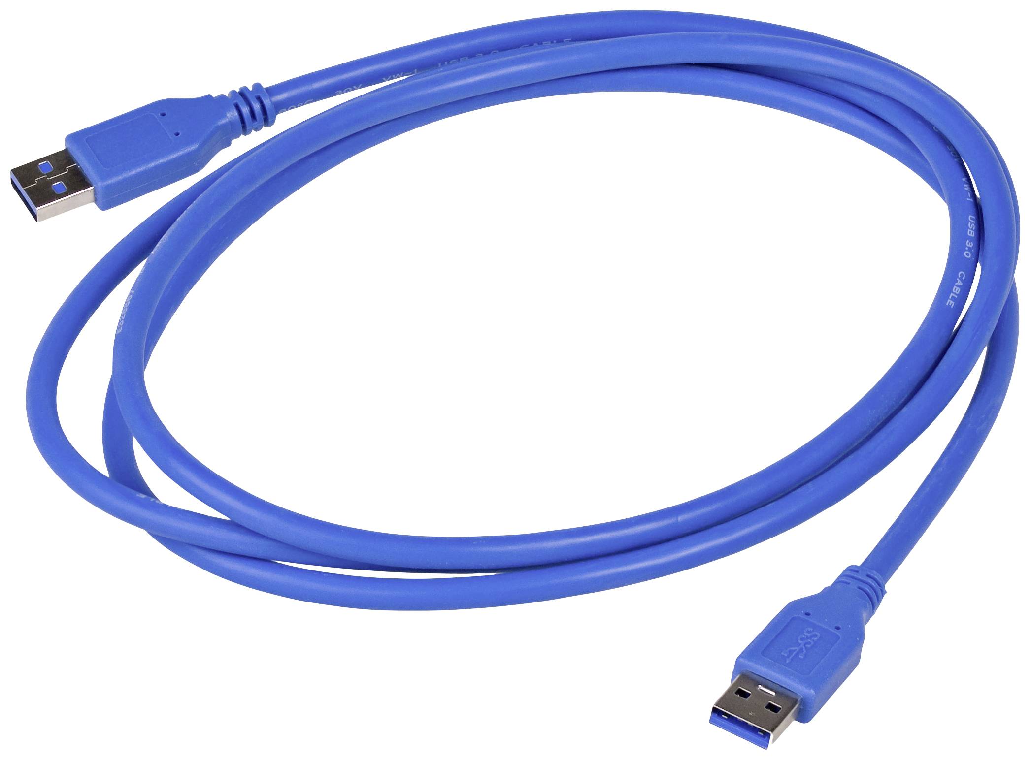 Et blåt USB-kabel med to stik, egnet til dataoverførsel og opladning af enheder.