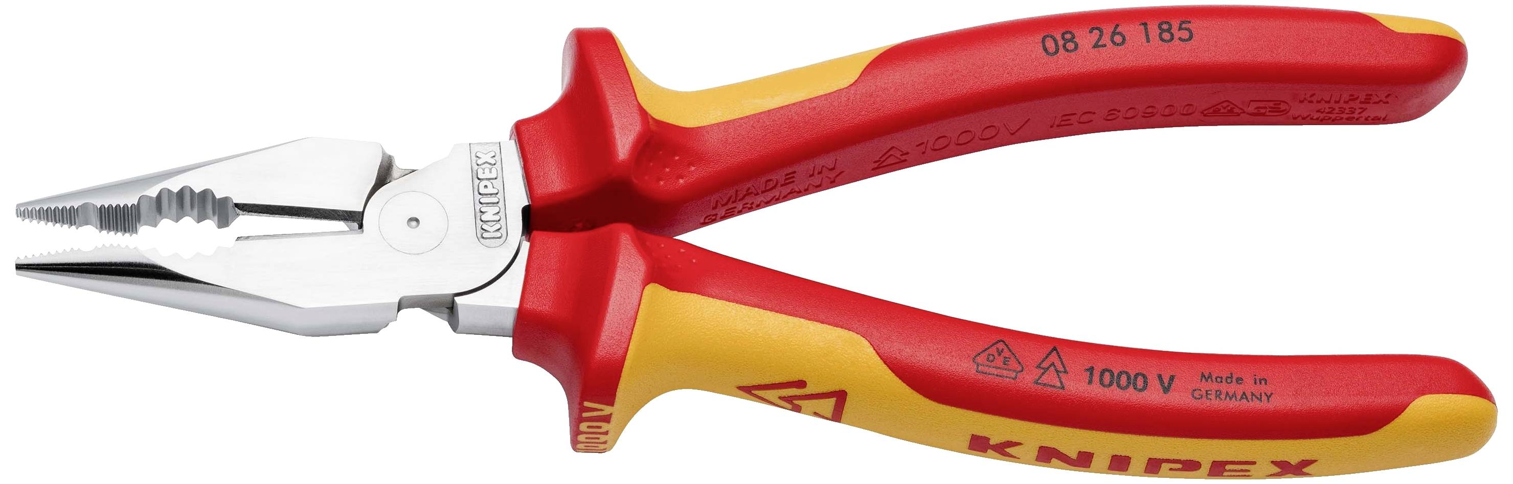 Elektriske tang med rød og gul håndtag, isoleret til 1000 V, fra Knipex, velegnet til elektrisk arbejde.
