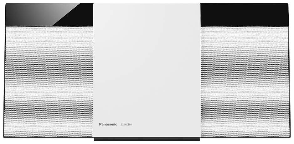 Et slankt Panasonic væg-audiosystem, model SC-HC204, i sort og hvid. Design med to højttalergitre og et centralt rum.