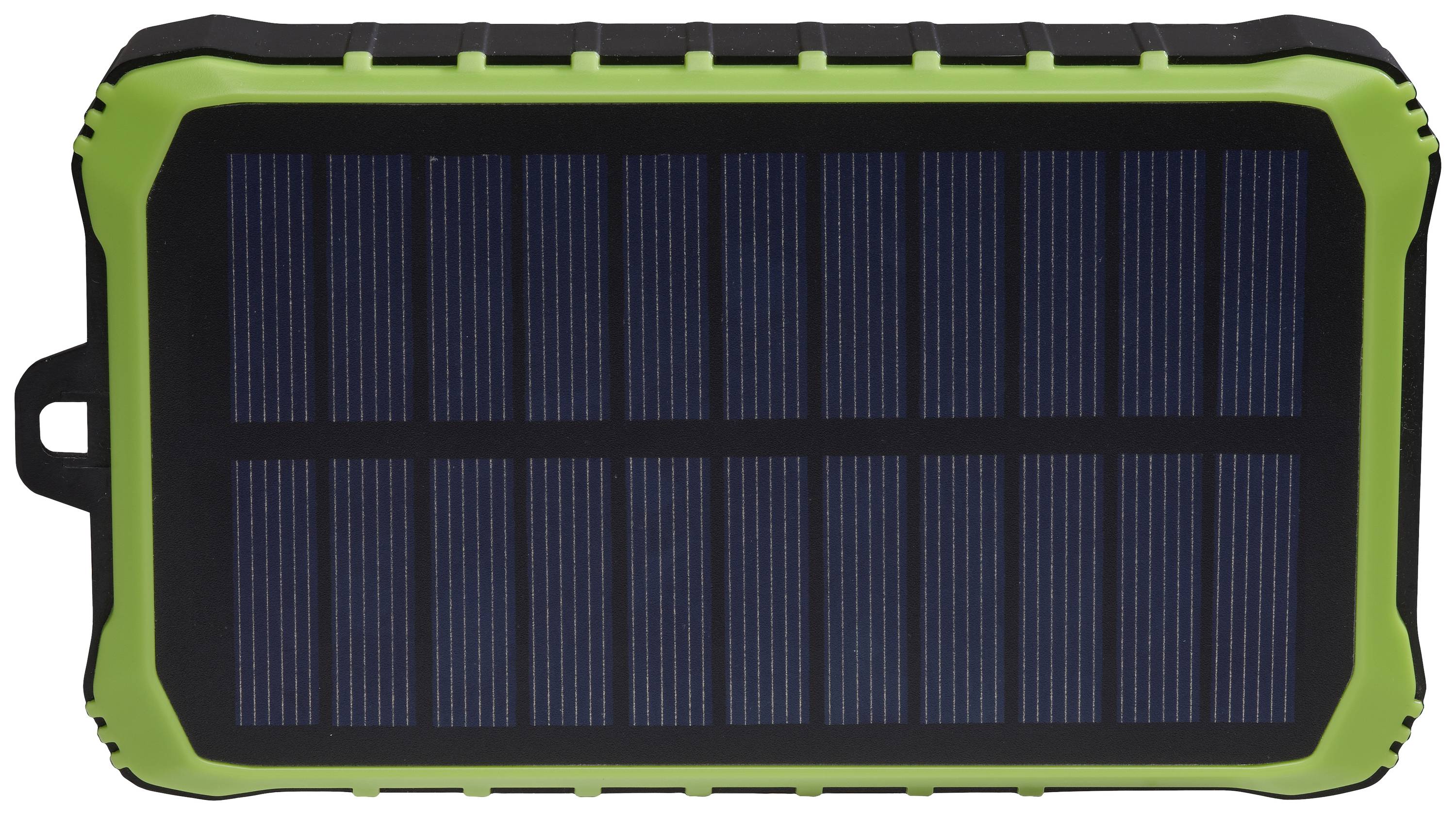 Bærbart solarladeapparat med grøn kant og sort solarpanel i midten, egnet til mobil strømforsyning på farten.