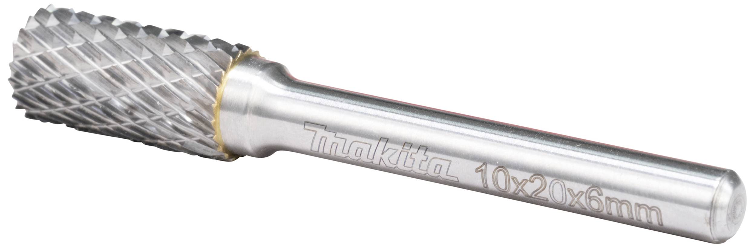 Metalfræsestift med cylindrisk hoved. På skaftet står 'Makita 10x20x6mm', som angiver dimensionerne og producenten.