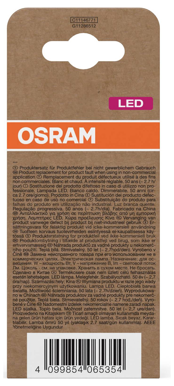 OSRAM LED lyspære emballage kort med ophængningsspor, orange varebrand bånd og stregkode i bunden.
