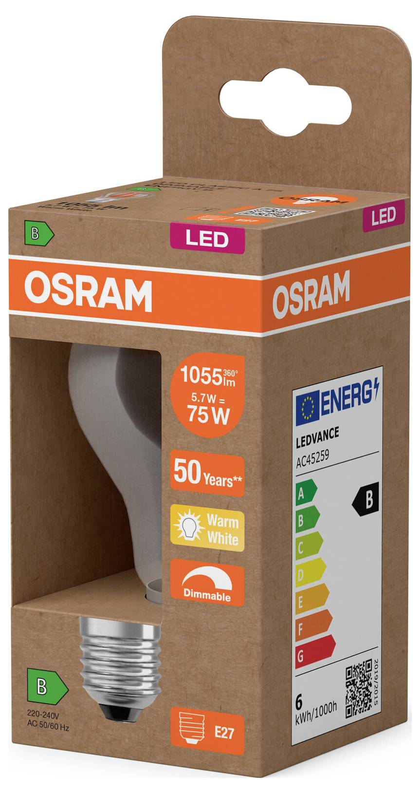 OSRAM LED-lyspære retail-æske, mærket 1055 lumen, 7,5W svarende til 75W, varm hvid, dimmabel, E27, energieffektivitetsklasse B.