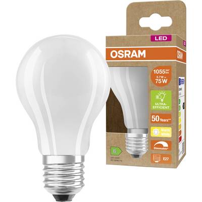 OSRAM LED-pære og detailkasse, der viser en 6,7W 75W-ækvivalent varmhvid dimmbar E27-pære med høj effektivitet og påstand om 50 års levetid.