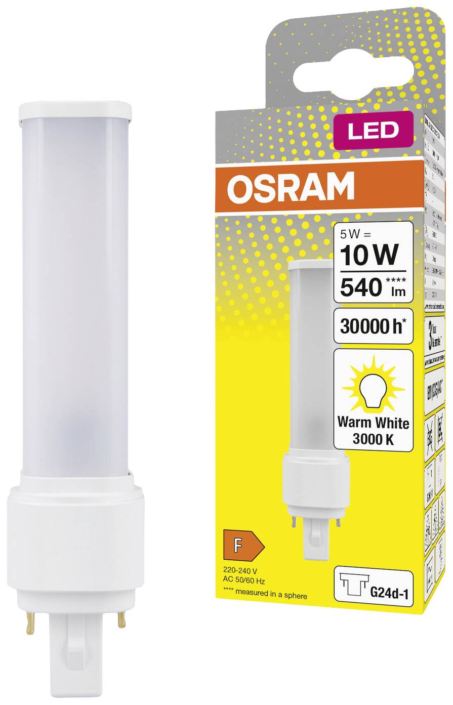 En OSRAM LED-pære, 5 watt, 540 lumen, varmt hvidt lys 3000K, med emballage. Energiklasse F og 30.000 timers levetid angivet.