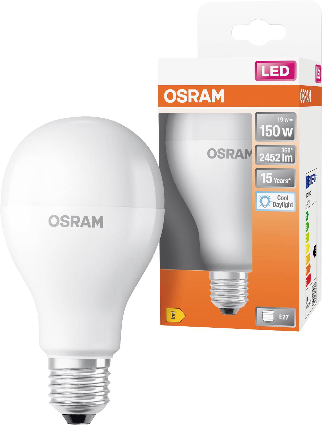 OSRAM LED-pære vist ved siden af sin detailhandelskasse, mærket 19 W, 150 W ækvivalent, 2452 lm, 15 år og Cool Daylight, med E27-fatning.