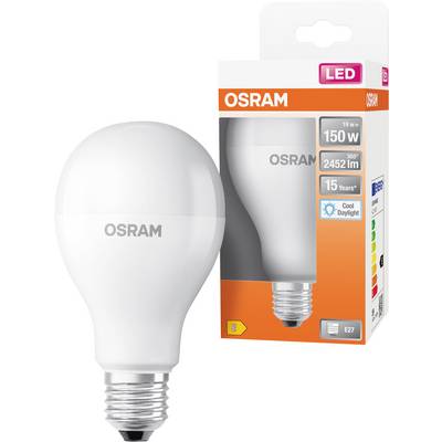 OSRAM LED-pære vist ved siden af sin detailhandelskasse, mærket 19 W, 150 W ækvivalent, 2452 lm, 15 år og Cool Daylight, med E27-fatning.