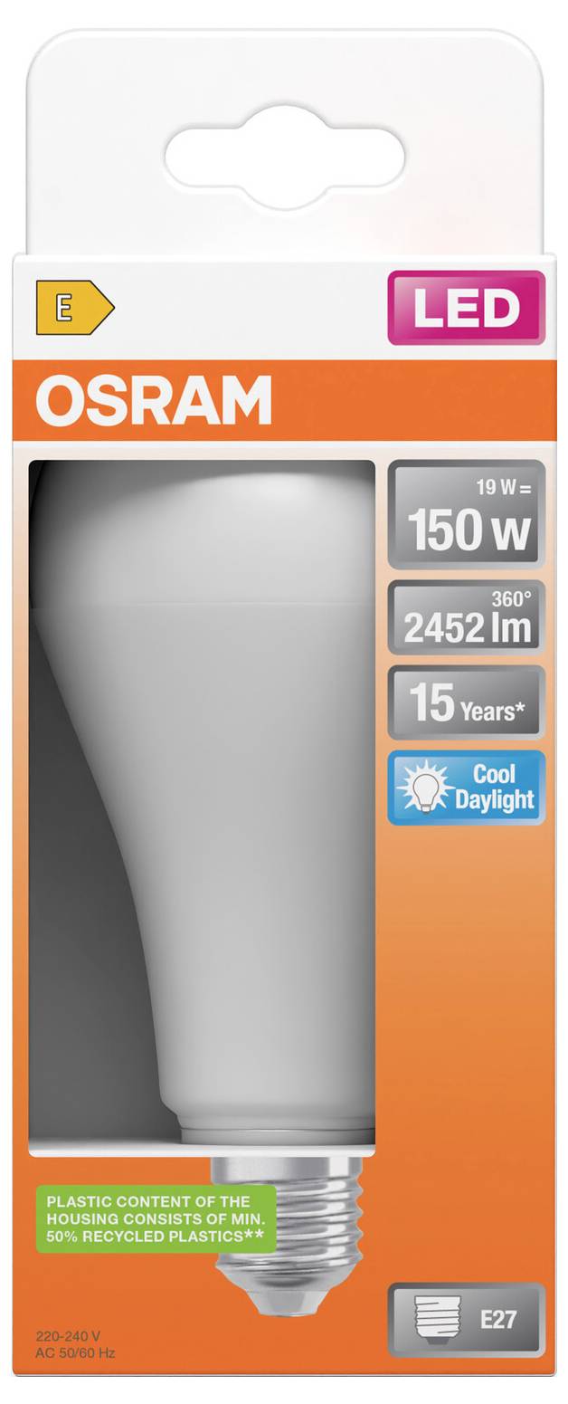 OSRAM LED-lyspære emballage viser en 19W, 150W-ækvivalent pære med 2452 lm, 15 års levetid, køligt dagslys, E27-sokkel.