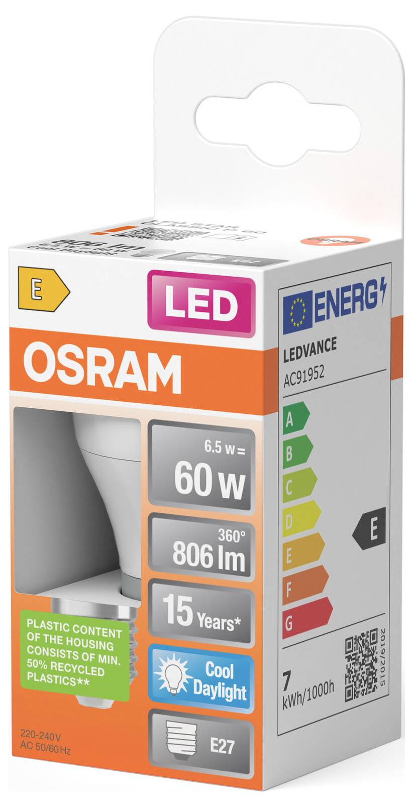 OSRAM LED-pære, 6,5W svarende til 60W, 806 lm, varm hvid, energiklasse E, E27 sokkel, påstand om 15 års levetid.