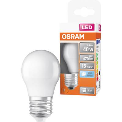 OSRAM LED-lyspære med emballage, der viser en matteret pære og en æske mærket 40 W ækvivalent, 470 lm, E27, kølig hvid.
