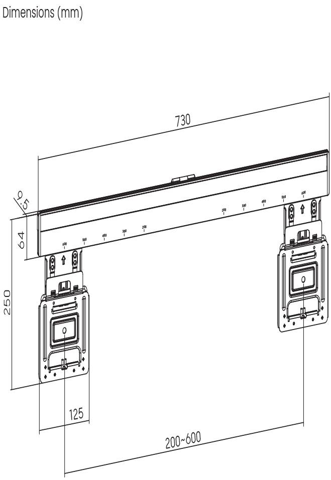 Diagrammet viser mål for en beslag: Bredde 730 mm, højde 250 mm, justerbar bredde 200-600 mm. Lateral dimension 125 mm.