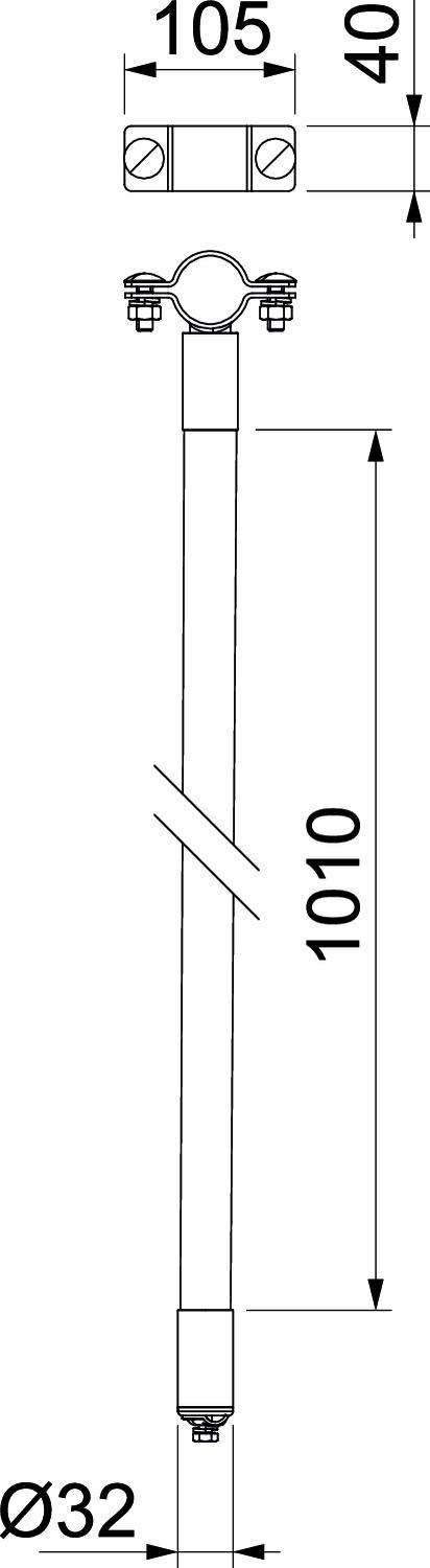 Teknisk tegning af en metalrørholder med mål: Længde 1010 mm, diameter 32 mm, øvre fastgørelse 105 x 40 mm.