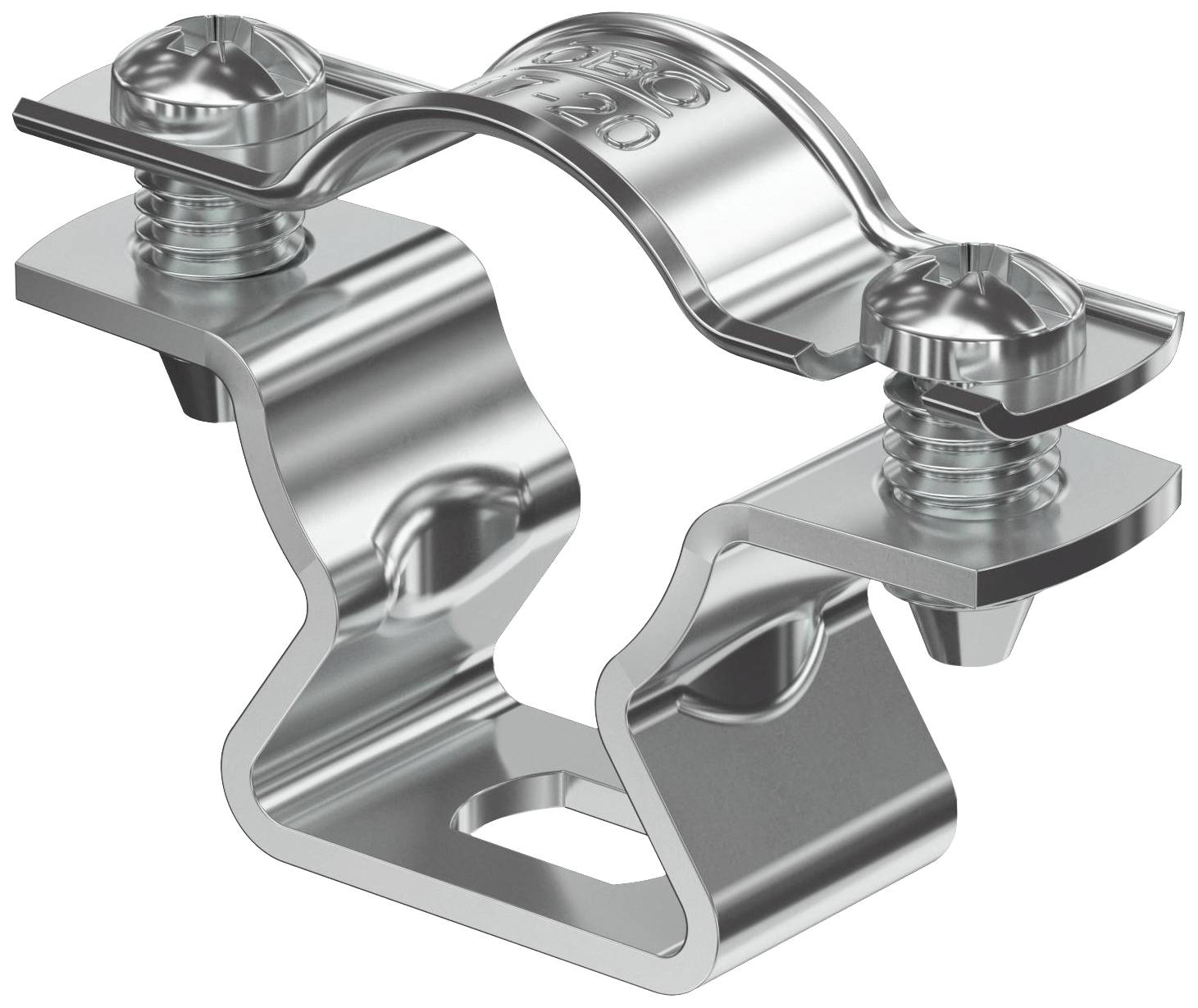 En sølvfarvet metalledningsholder med to skruer til fastgørelse og en bøjet klemme til fastspænding af kabler.