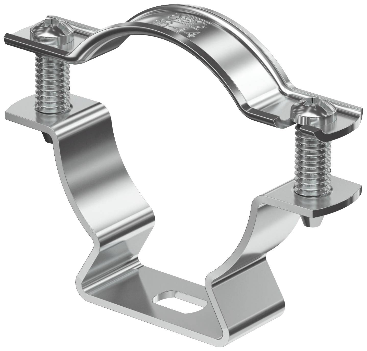 Metalrørsbøjle med fastgørelsesskruer og afrundet design, til montering af rørledninger på vægge eller lofter.