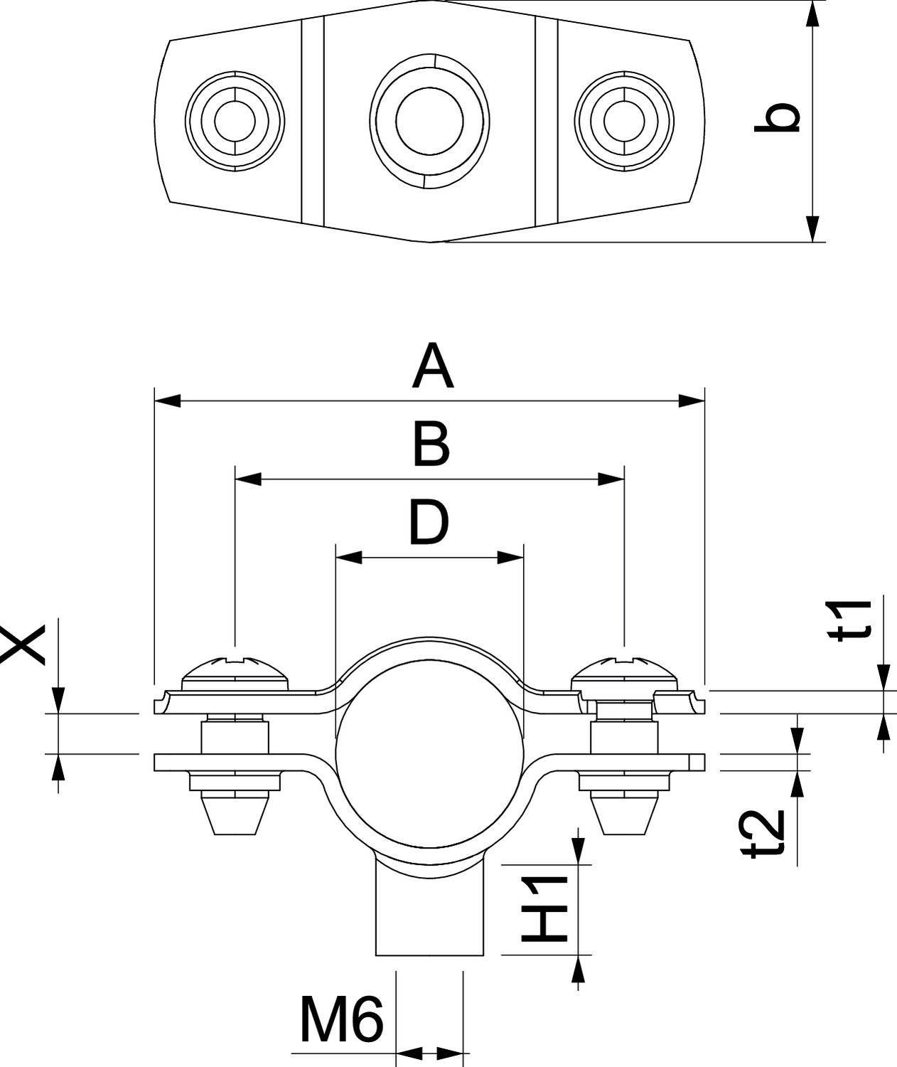 Teknisk tegning af et rørbøjle med mål. Hovedvisning viser skruer og møtrikker. Øverst mål: A, B, D. Nederst: X, H, t1, t2, M6.