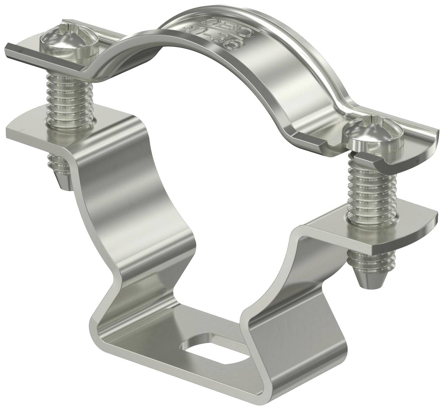 Metalklemme til røropspænding, sølvfarvet, med to skruer. Egnet til industrielle anvendelser.
