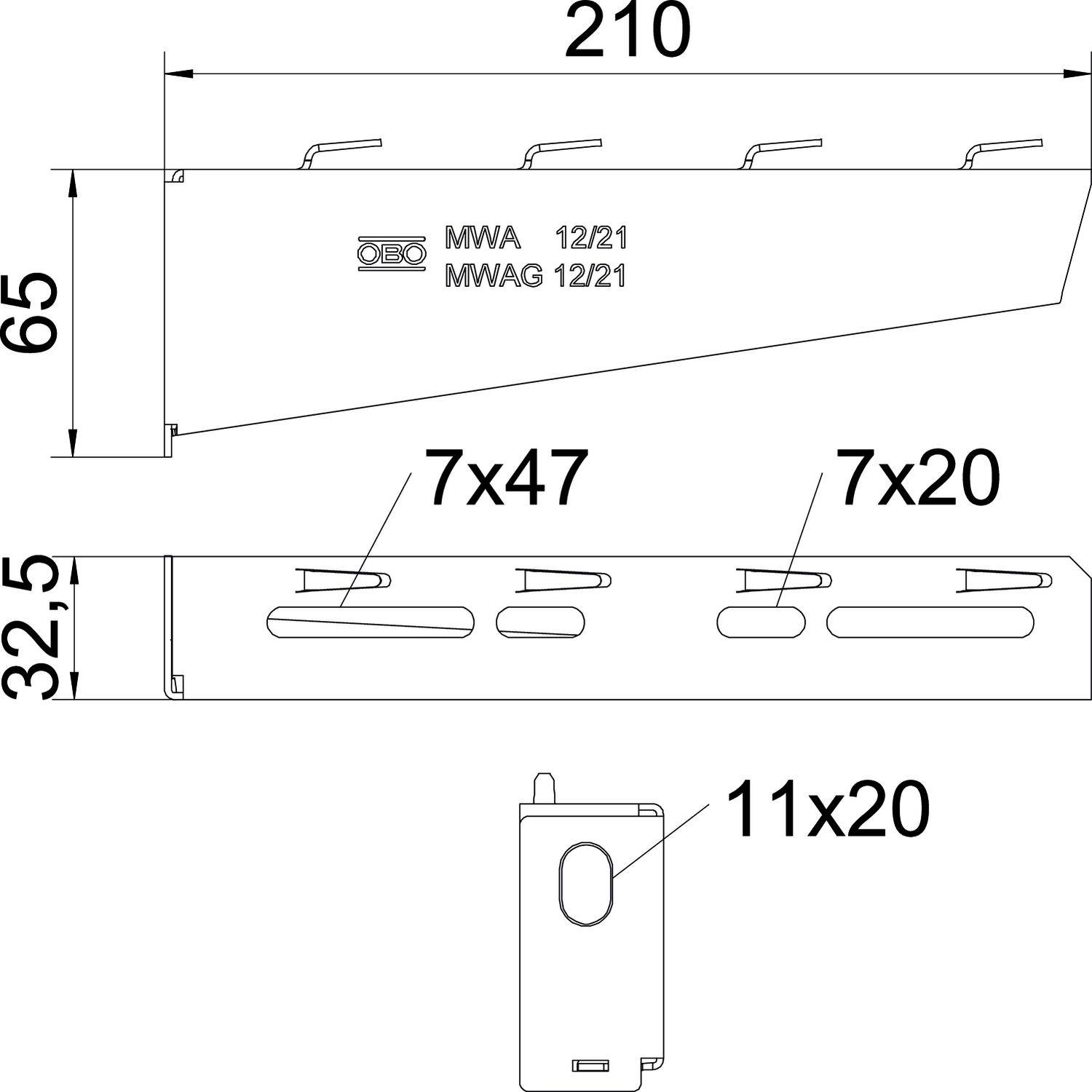 Teknisk tegning af en komponent med dimensioner: Længde 210 mm, Højde 65 mm, Bredde 32,5 mm. Indeholder betegnelserne 'MWA 12/21' og 'MWAG 12/21'.