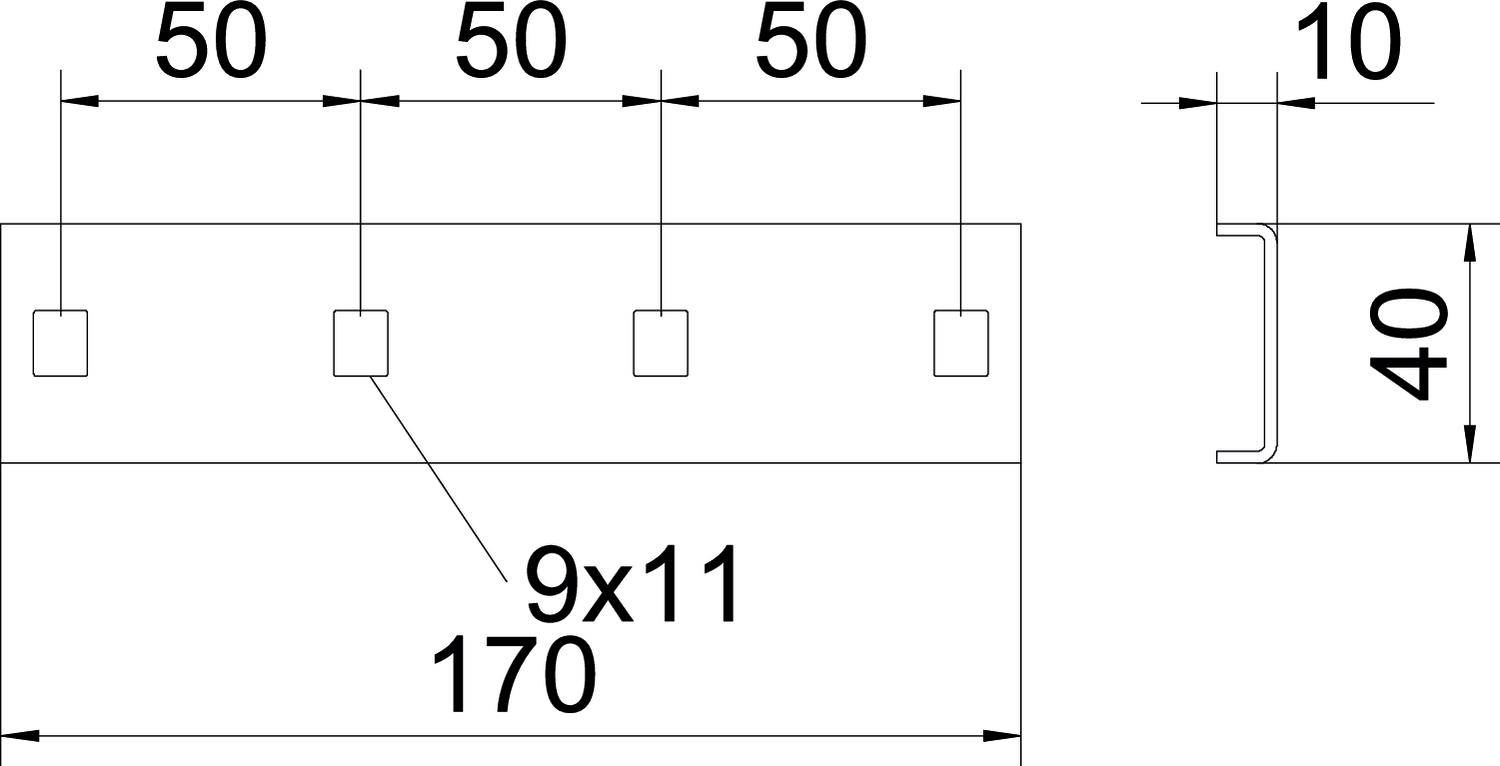 Teknisk tegning: Rektangulær komponent med fem ensartet fordelte kvadratiske udskæringer (9x11 mm), samlet bredde 170 mm, sidevisning viser dimensioner 40 mm x 10 mm.