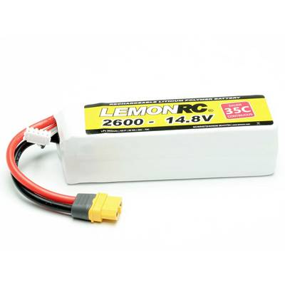 Lithium-Polymer batteri 2600mAh, 14,8V fra Lemon RC med gul XT60-stik og røde kabler. Egnet til fjernstyrede modeller.