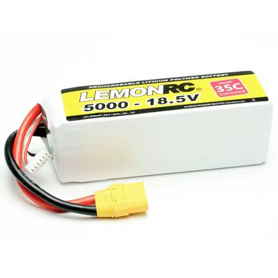 Et Lithium-Polymer-batteri med påskriften 'LemonRC 5000 - 18.5V', gul stik og røde ledninger, kapacitet på 5000mAh, 35C kontinuerlig belastning.