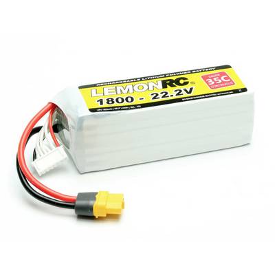 Lithium-polymer-batteri med gul mærkat 'Lemon RC 1800 - 22.2V', sorte og røde ledninger med stik.
