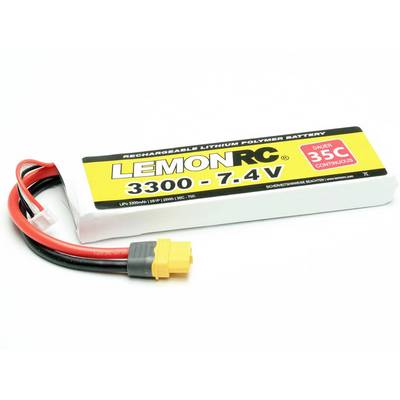 Lithium-polymer-batteri med gul tilslutning og sort etiket, der viser 'LEMONRC 3300 - 7.4V', egnet til høj strømbelastning.