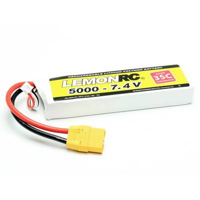 Et rektangulært lithium-polymer-batteri med påskriften 'LEMONRC 5000 - 7.4V' og '35C' på en hvid baggrund.