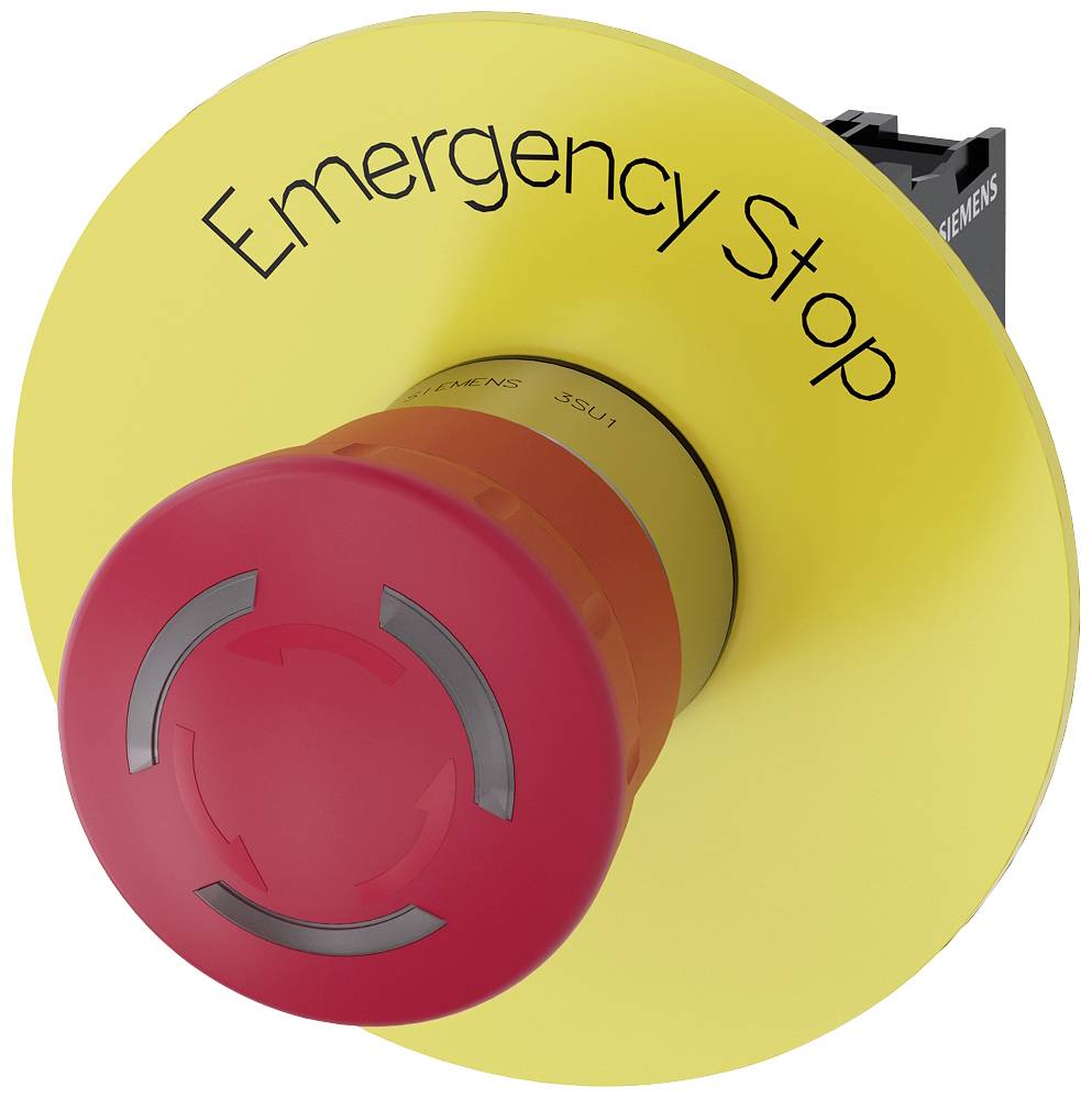 Stor rød nødstopknap med gul baggrund og påskriften 'Emergency Stop', som bruges til hurtigt at stoppe maskiner.