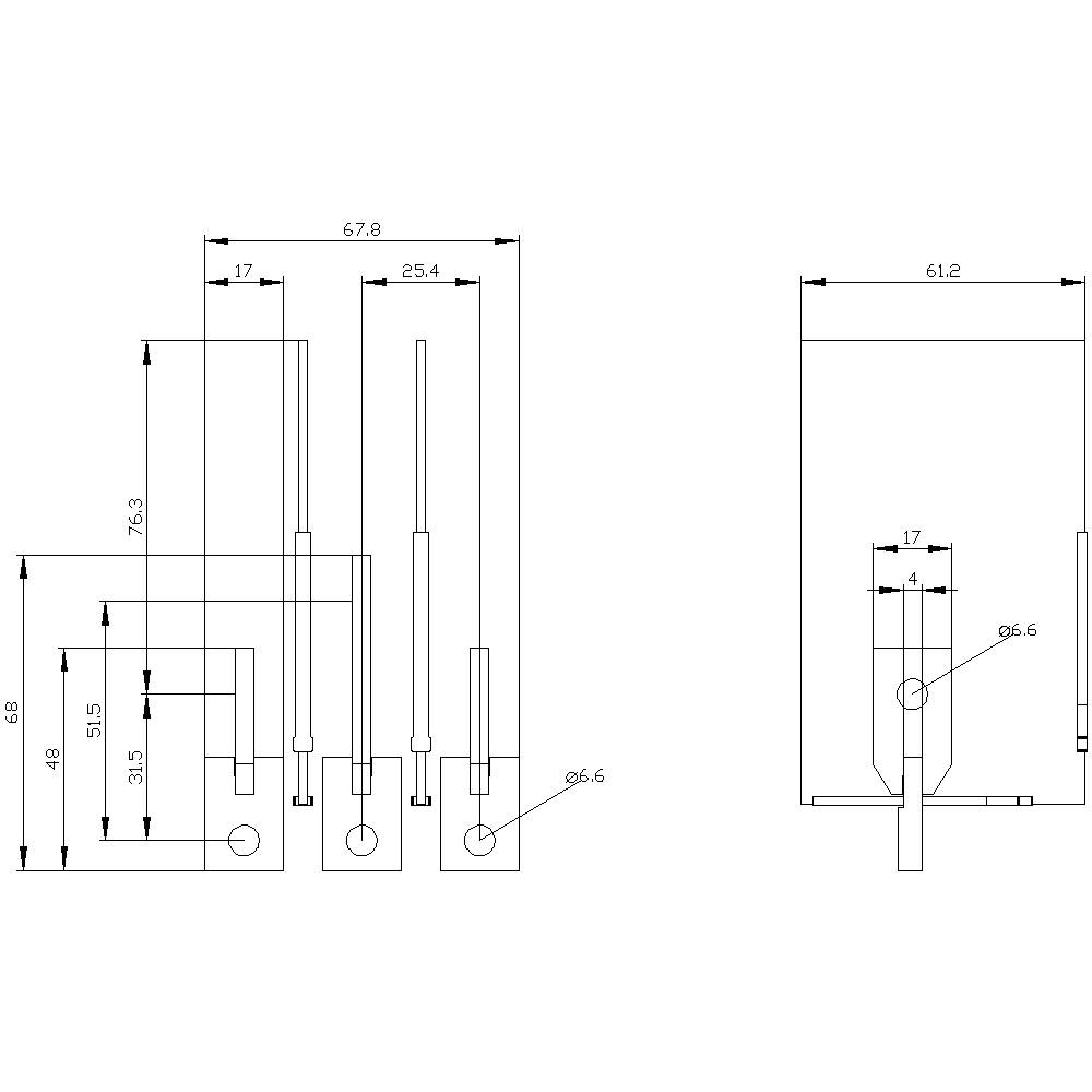 Teknisk tegning af metalkomponenter med detaljerede dimensioner i millimeter. To visninger viser højder, bredder og hulpositioner.