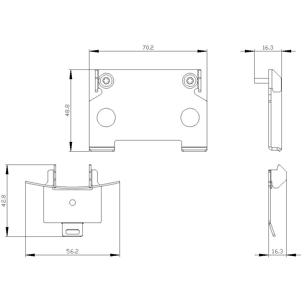 Teknisk tegning af en mekanisk komponent med dimensioner: 70,2 mm længde, 48,8 mm højde, 56,2 mm bredde, 16,3 mm dybde.