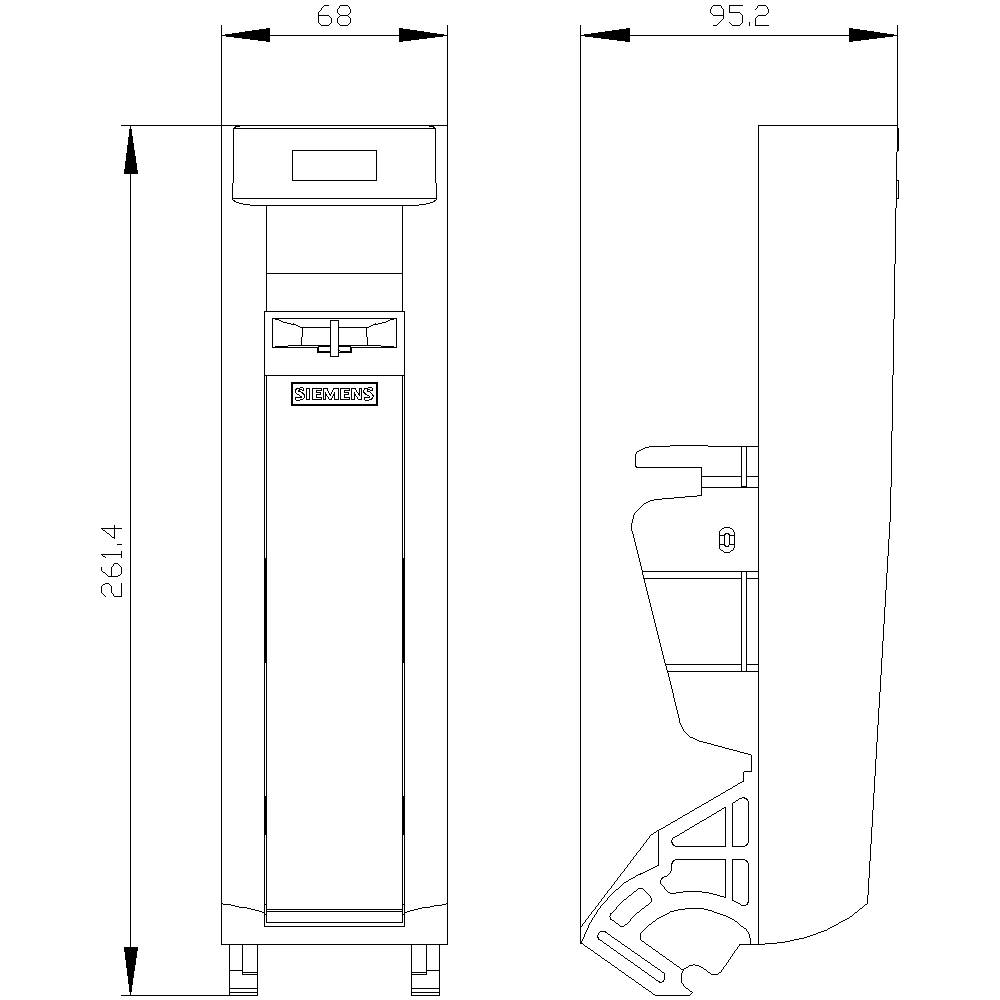 For- og sidevisning af en teknisk tegning af en enhed med følgende mål: 68 mm bredde, 261,4 mm højde, 95,2 mm dybde.