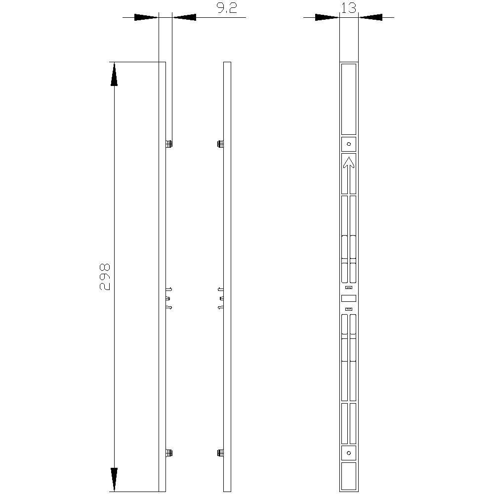 Teknisk tegning af en komponent med dimensioner: Højde 298 mm, bredde 9,2 mm og tykkelse 13 mm. Viser side- og frontvisning.