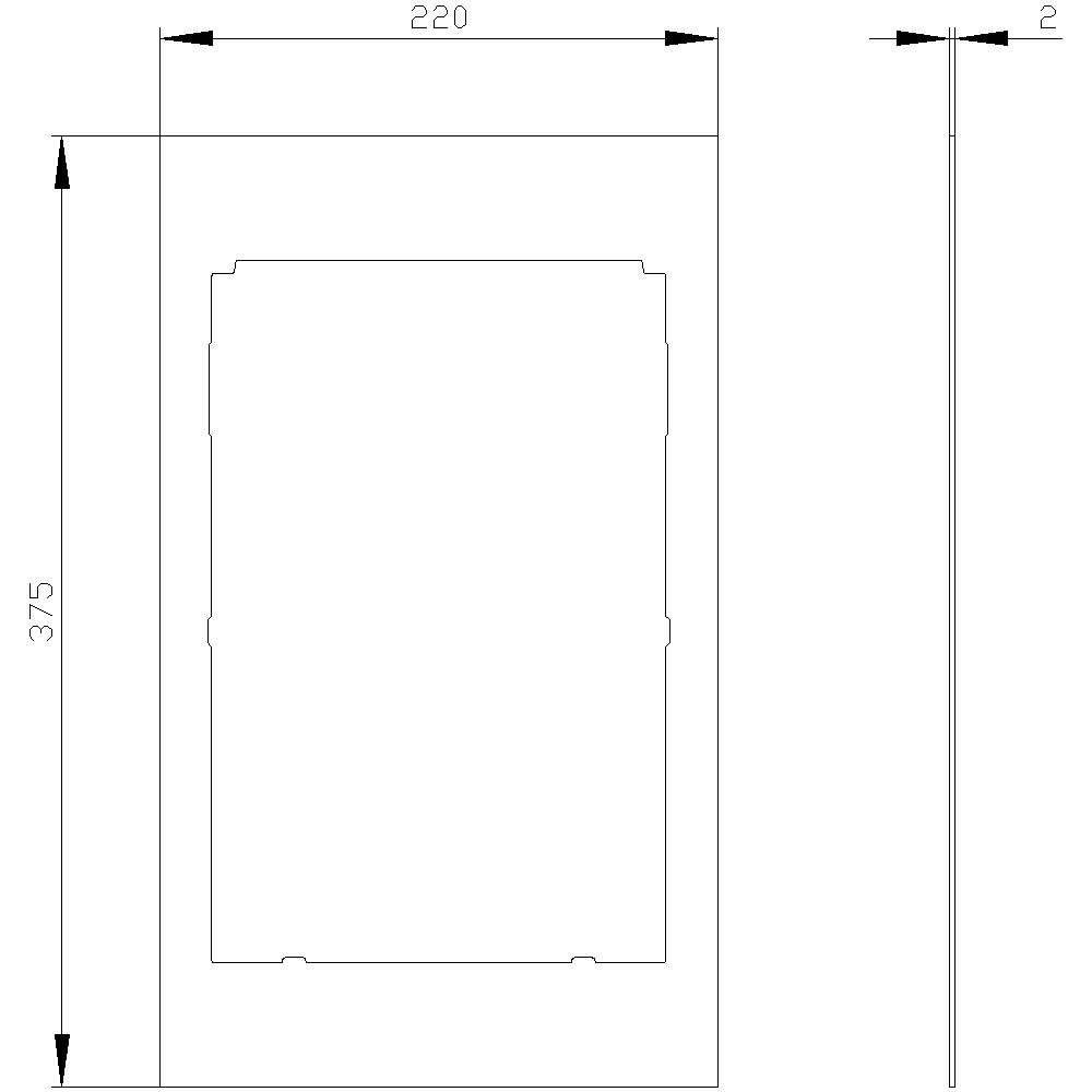 Teknisk tegning af et rektangulært objekt, 220 mm bredt og 375 mm højt, med en tykkelse på 2 mm.