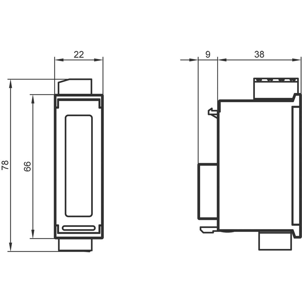 Teknisk tegning af et rektangulært apparat med dimensioner: 78 mm højt, 22 mm bredt. Sidevisning viser en dybde på 38 mm.